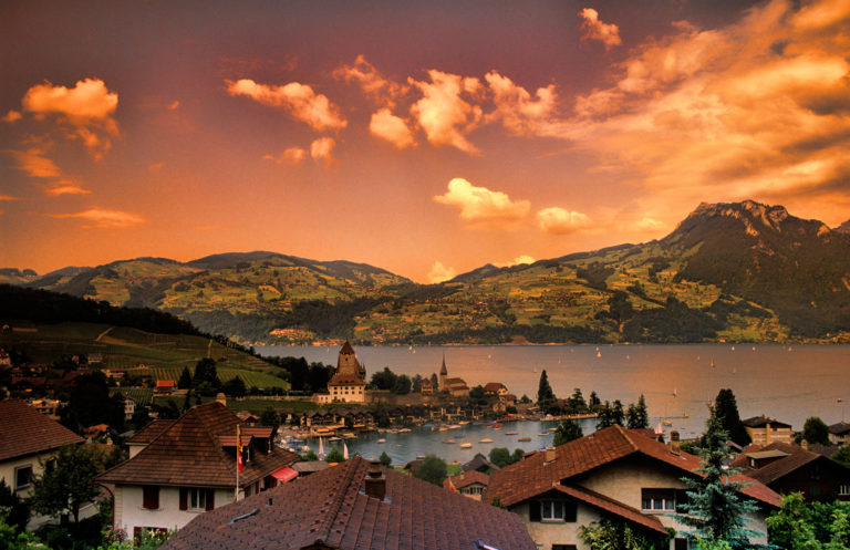 BRAP21 Life in Switzerland beautiful village of Spiez Switzerland with 
Lake Thun and the mountains